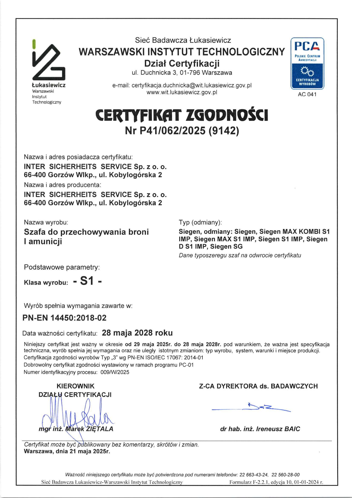 certyfikat zgodności z normą PN-EN 14450