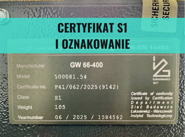 Certyfikat i tabliczka znamionowa dla szaf w klasie S1