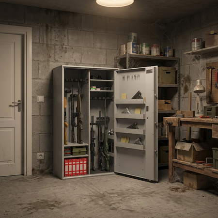 Szafa na broń długą S1 Siegen Max Kombi 26 szt. 150 cm szara – zamek kluczowy